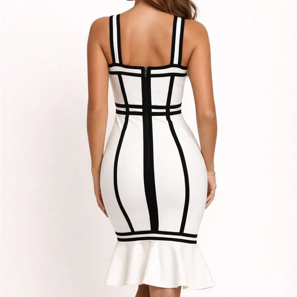 White Bodycon Dres Black Contrast Piping Pemblum Hem Sleeveless Fit & Flare XS - Picture 2 of 10